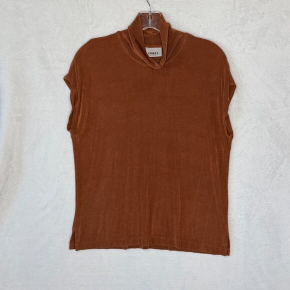 Chico's Travelers Size 2 Large Burnt Sienna Mock Neck Cap Sleeve Top Blouse - Picture 6 of 15